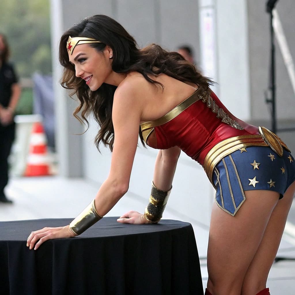 AI generated: Generate an image of Wonder Woman from DCU in her suit bending over on a table seductively teasing a...