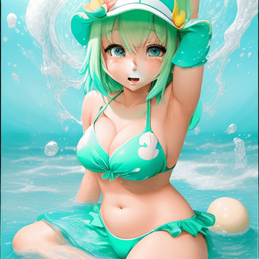 AI generated: GIRL, big cheast, Open mouth, watery eyes, blushed, anime style slyme, bare, One leg sits to the lef...