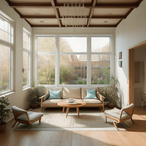 AI generated: High resolution photography interior design, dreamy sunken living room conversation pit, wooden floo...