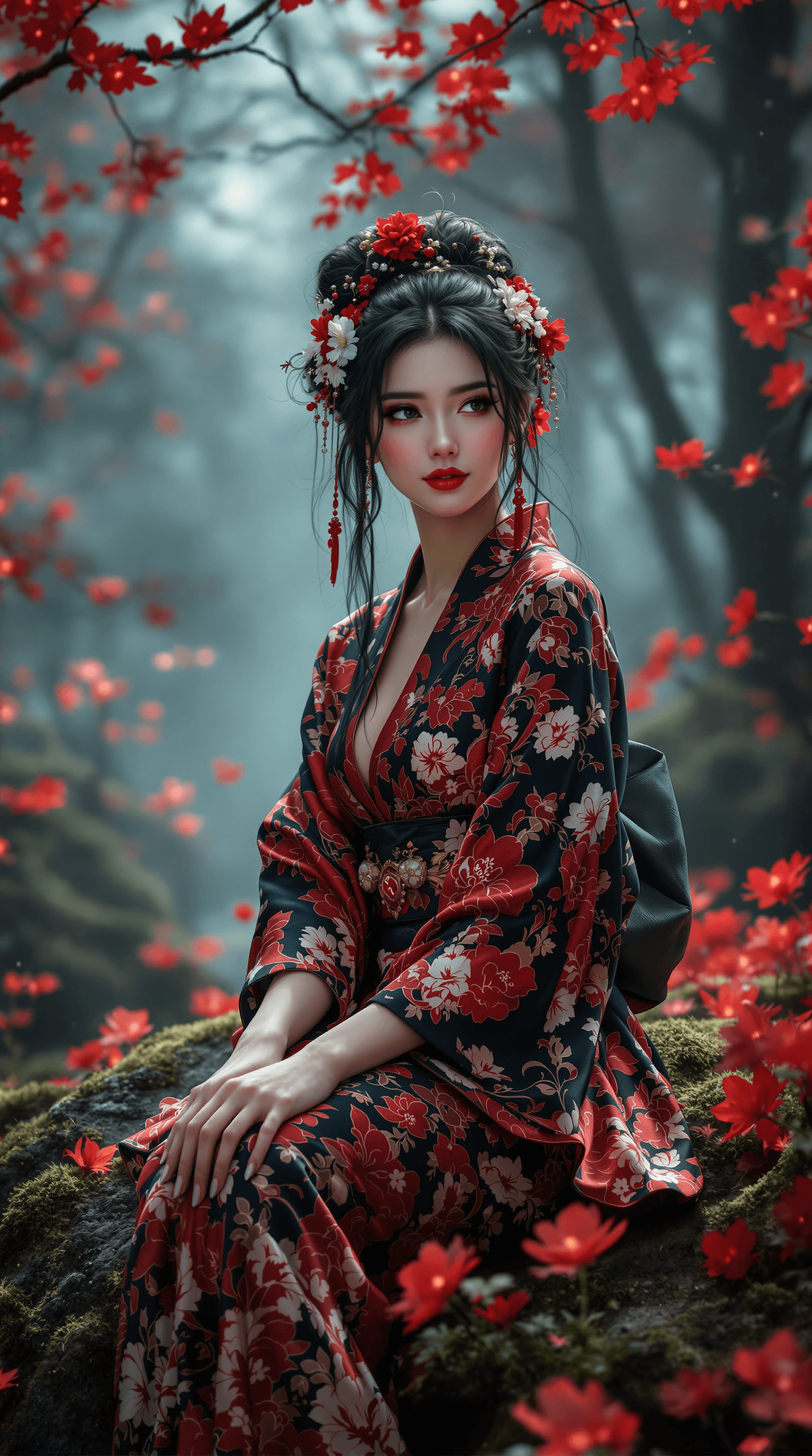 AI generated: A stunning, elegant woman in a dark, enchanted forest, sitting gracefully on a moss-covered rock. Sh...