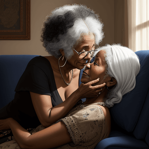 AI generated: Black old woman, seated on a cosy couch, whispering into, a young black lady`s ear, intimate moment,...