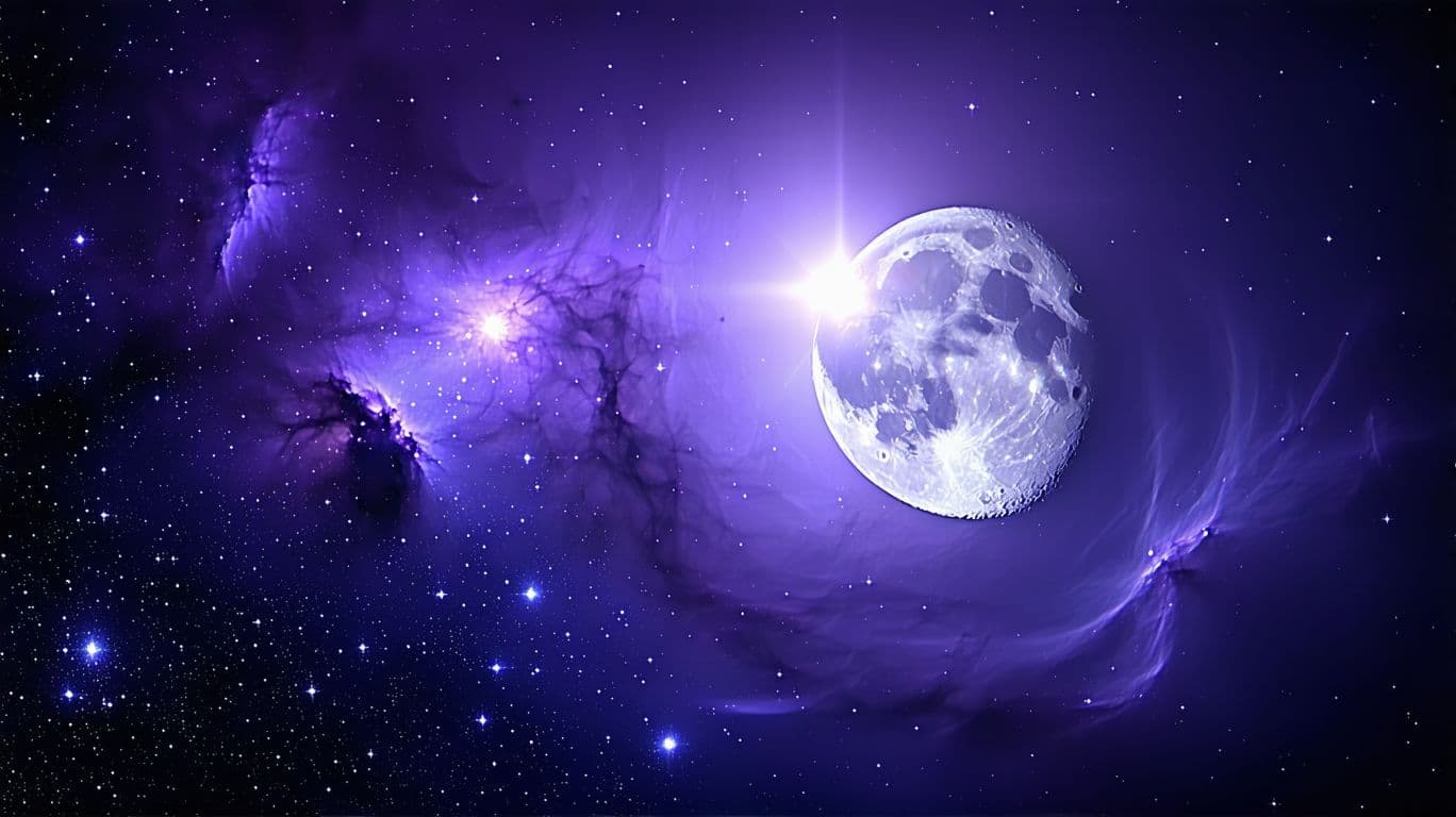 AI generated: YouTube thumbnail, 16:9, graphic design. Dark space/galaxy background in violet–indigo with soft neb...