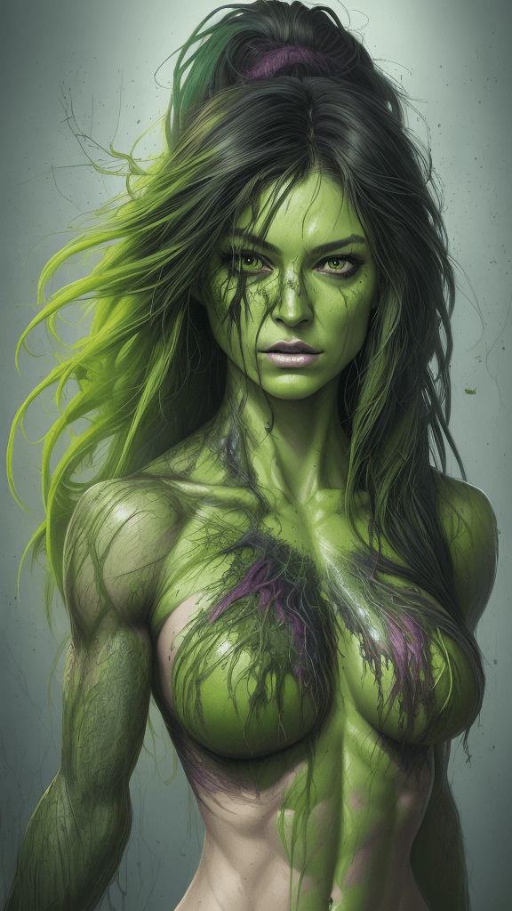 AI generated: Art by Carne Griffiths,  She-Hulk(green skin), perfect face, perfect body, Knitting clothes, perfect...