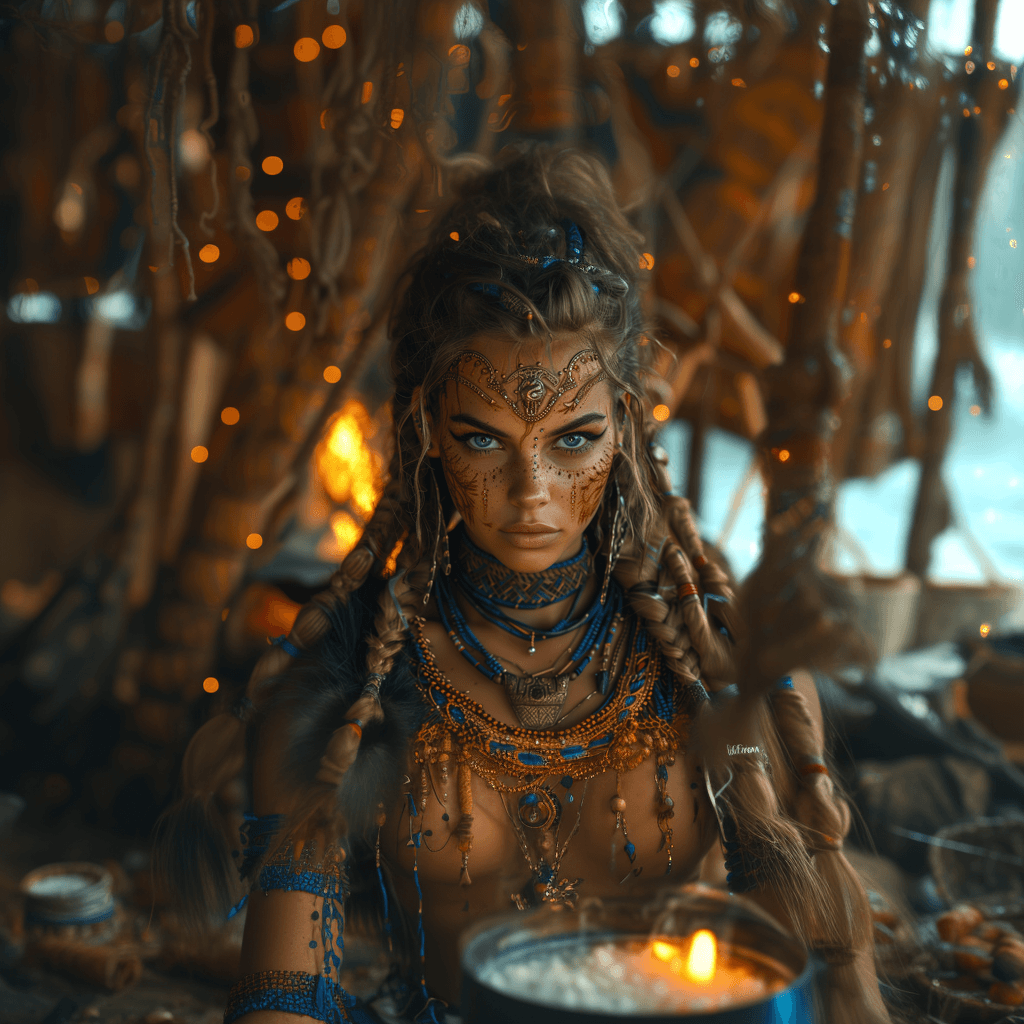 AI generated: beautiful nordic viking shaman with piercings, there is a fire place to perform voodoo ritual