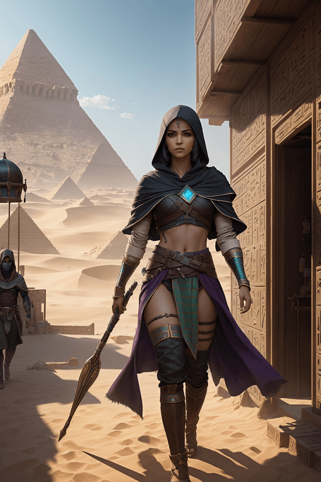 AI generated: A (rogue) with a hood walking towards a (shop) in ancient egypt, masterpiece, 8k, vivid, vibrant, go...