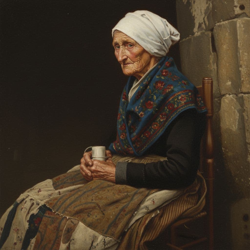 AI generated: a front portrait of an old woman wear at traditional costumes in spain in 19th century, beautiful pa...
