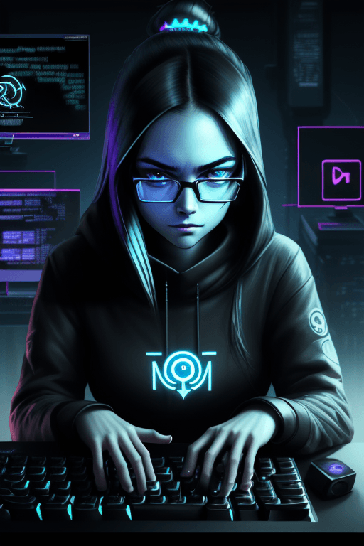 AI generated: hacker, dark room, code, computer, girl, long hair, cool, cute, (typing), ultradetailed, detailed fa...
