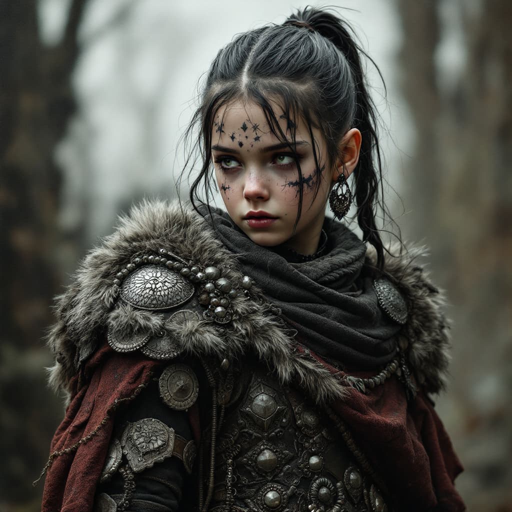 AI generated: detailed full body concept art illustration, dark soft focus, plague style oil painting on canvas of...