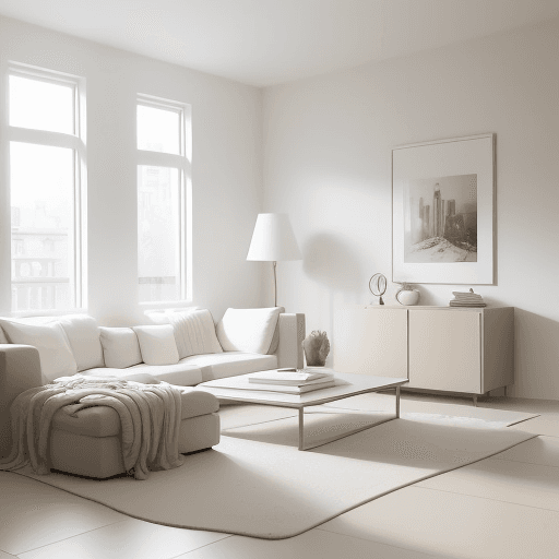 AI generated: "Generates a photograph of a contemporary living room, with soft morning light. The room should have...