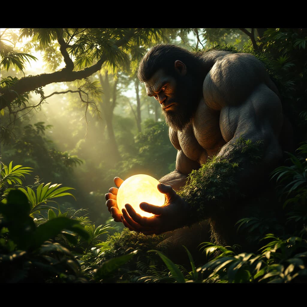 AI generated: Create a highly detailed, cinematic scene of a giant in the lush Costa Rican jungle, sculpting a per...