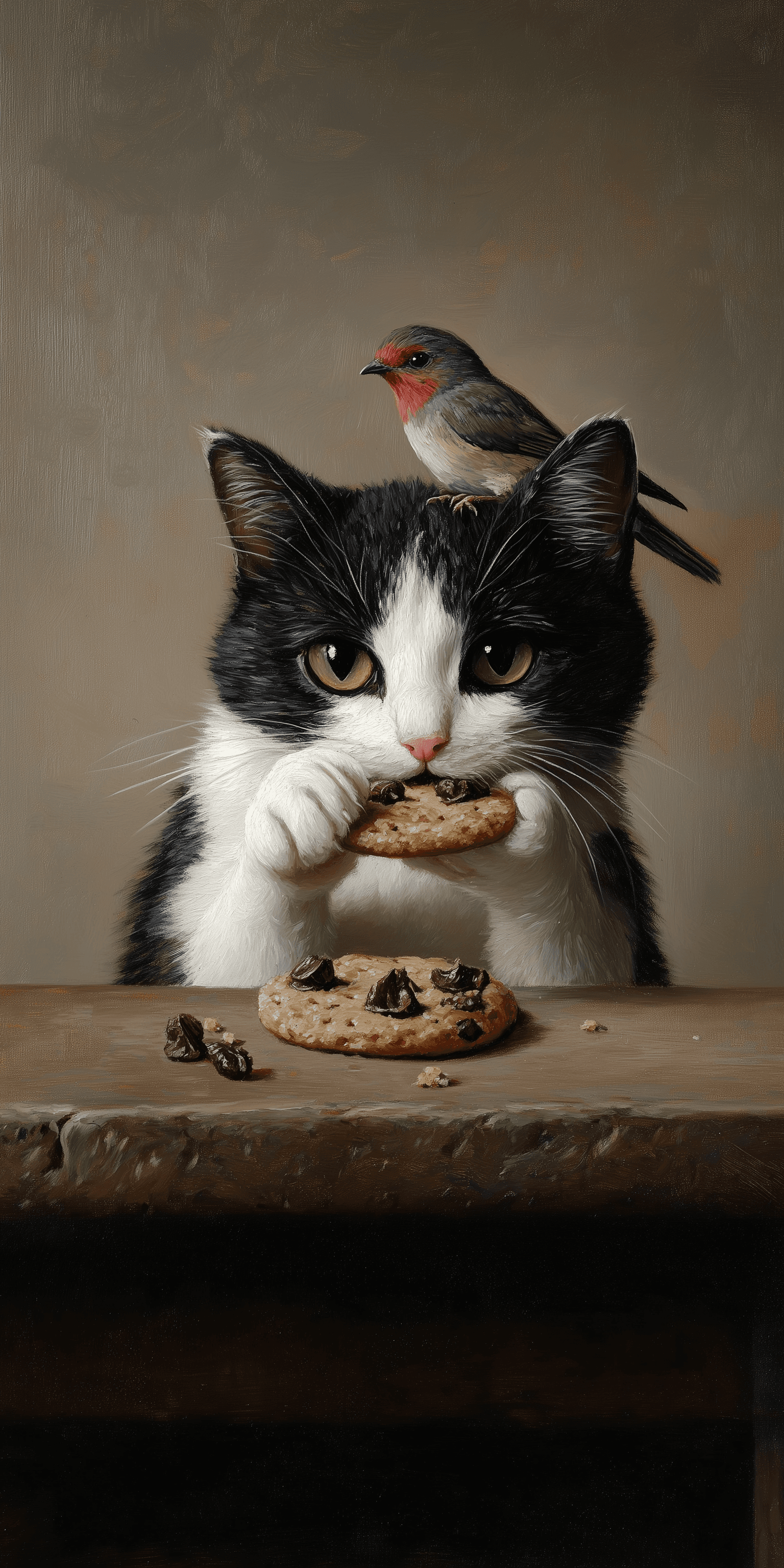 AI generated: Oil painting of a black and white cat eating a cookie with a bird perched on its head, set against a...