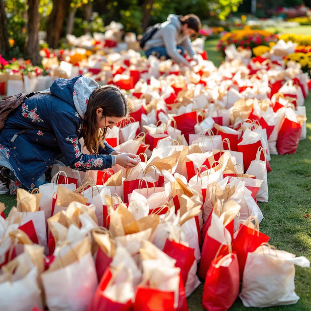 AI generated: Thousand of souvenir bags being arranged in the garden 