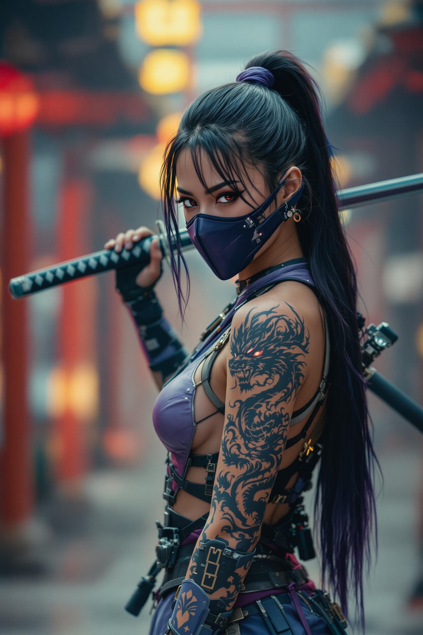 AI generated: A cinematic mid-body shot, focusing on a battle-ready female warrior, captured from her thighs to up...