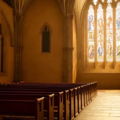 AI generated video: Scenes: entering an empty church, lighting a candle, smiling with hope.  Visual style: warm, reflect...