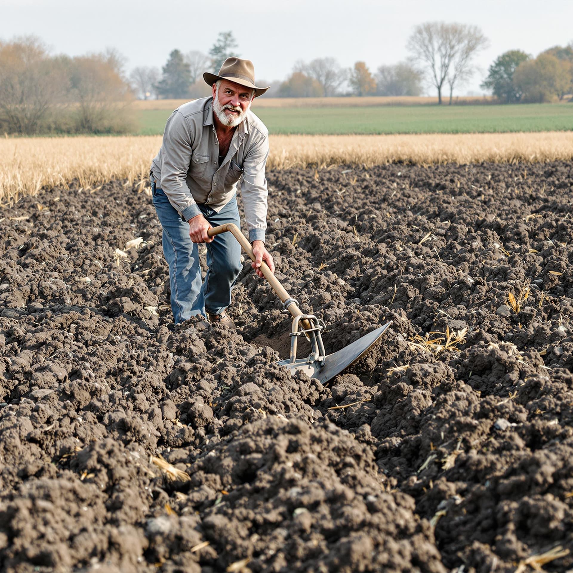 AI generated: In the photo, a white man plows the land in Ukraine with a plow and looks at the camera