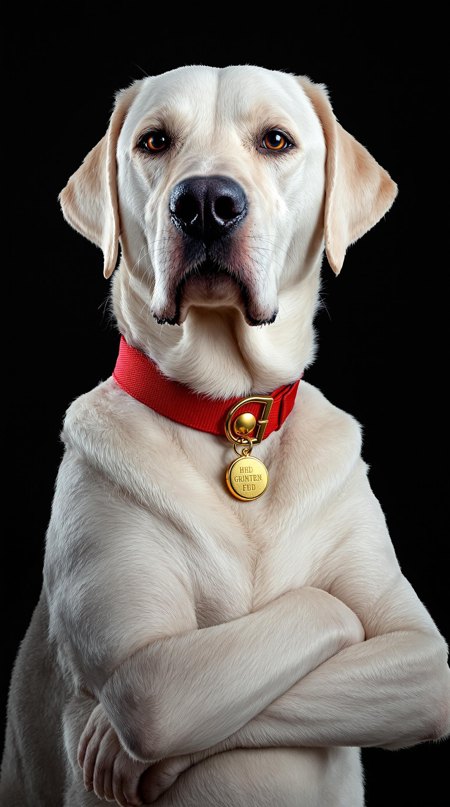 AI generated: A hyper-realistic portrait of a white labrador inspired by Brian Griffin; distinctive elongated snou...