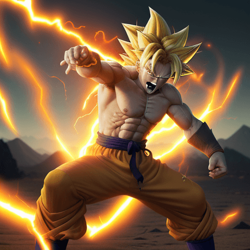 AI generated: Dbz: Goku like character, extra long yellow hair, fighting at war, extrame rage, berserk, screaming,...