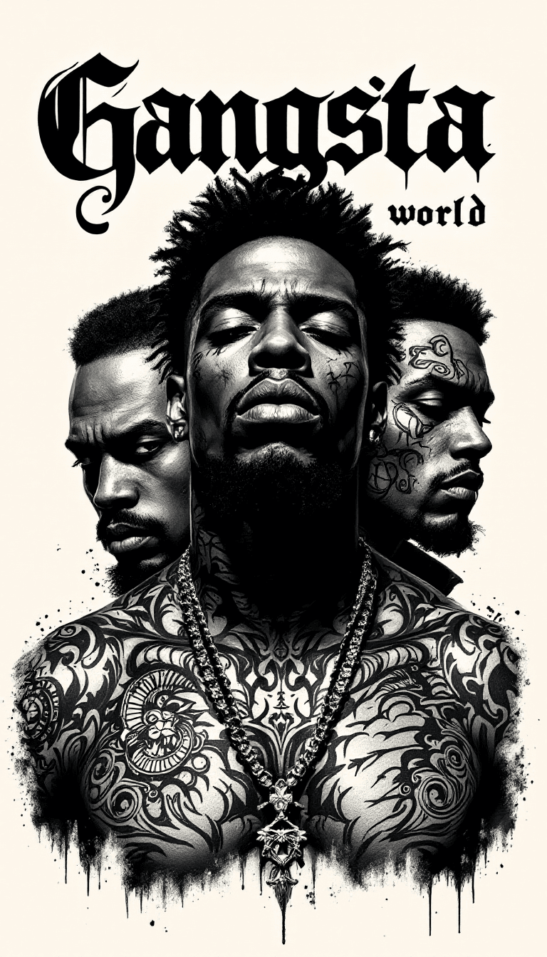 AI generated: Poster design,3 African American gangsters,face and body tattoos,dramatic b&w,typography “Gangsta Wo...