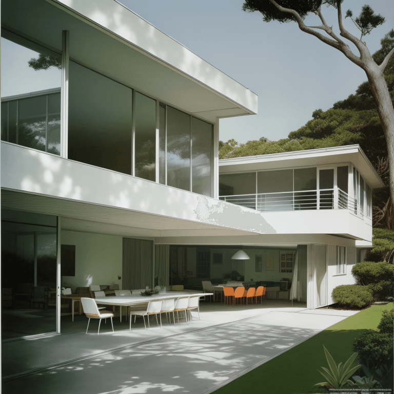 AI generated: Hyper realistic eye level exterior photo of a mid century modern style house overlooking the ocean, ...