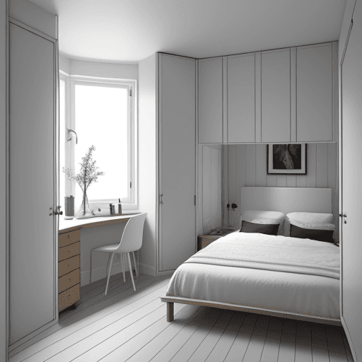 AI generated: Scandinavian bedroom interior design bedroom, 3x3m² space, double bed, workspace, wardrobe, and en-s...