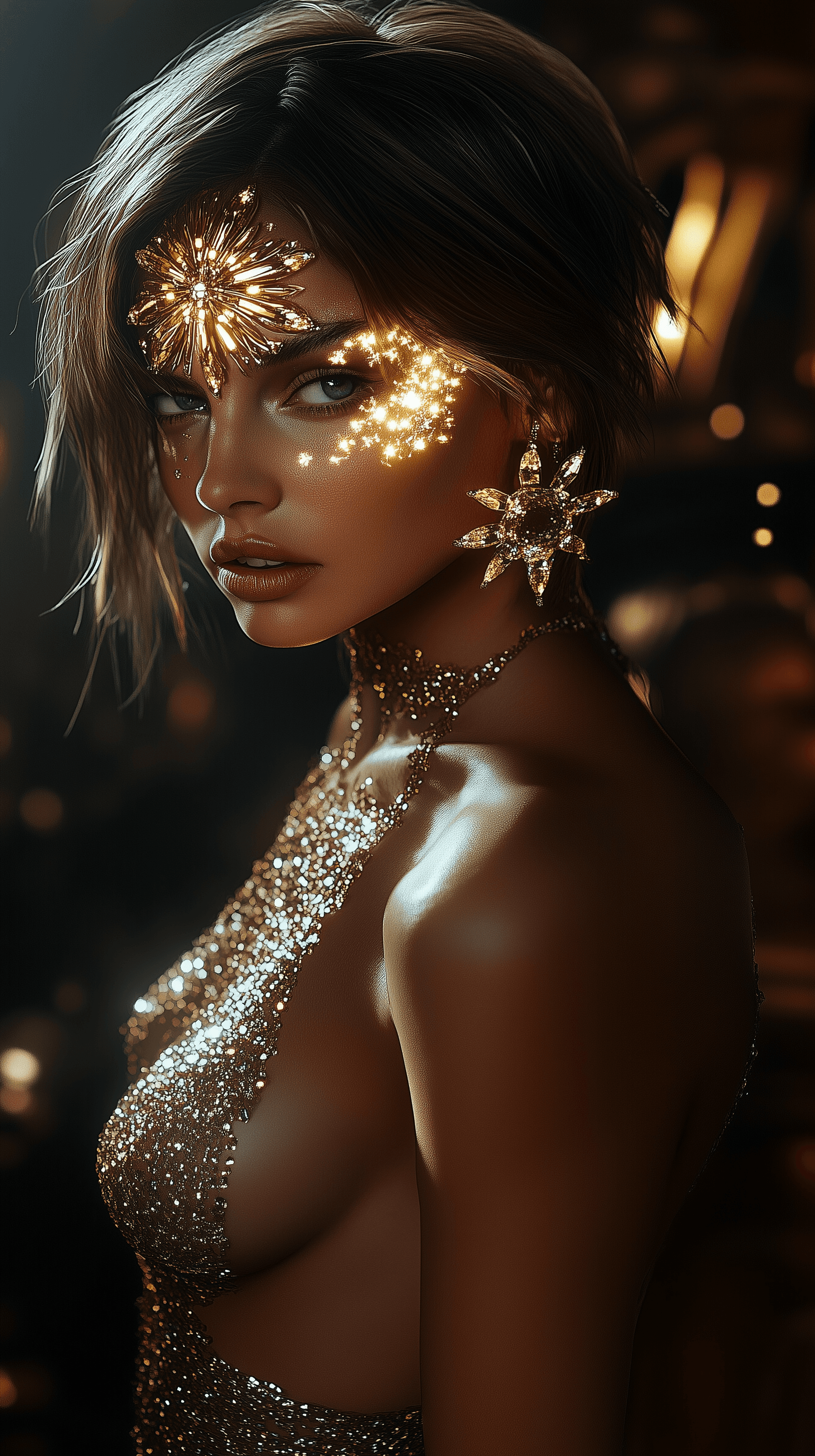 AI generated: Transparent short hair and short skirt girl made of gold diamonds