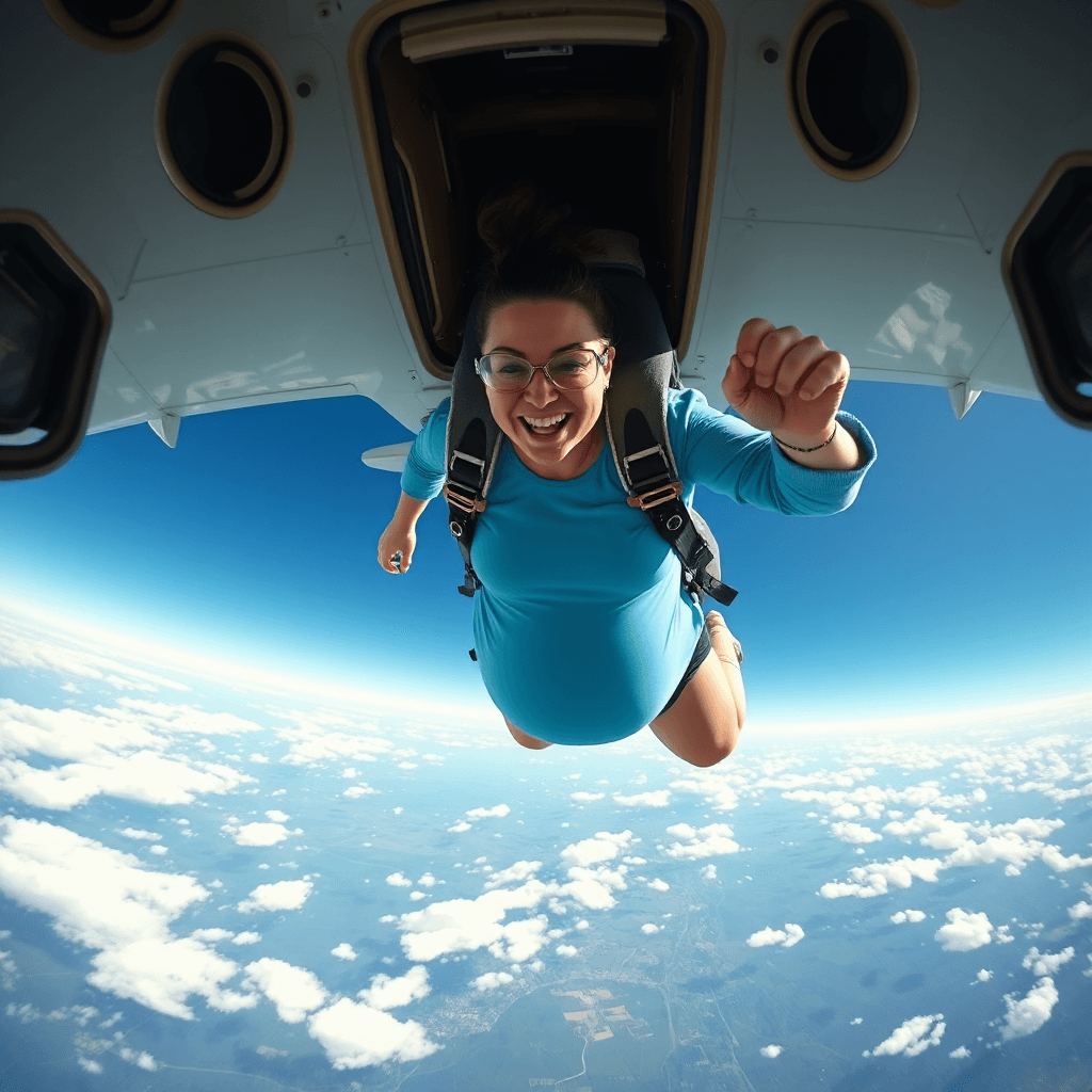 AI generated: really (pregnant) skydiver woman jumping out of an airplane, dramatic, upward perspective, towering ...