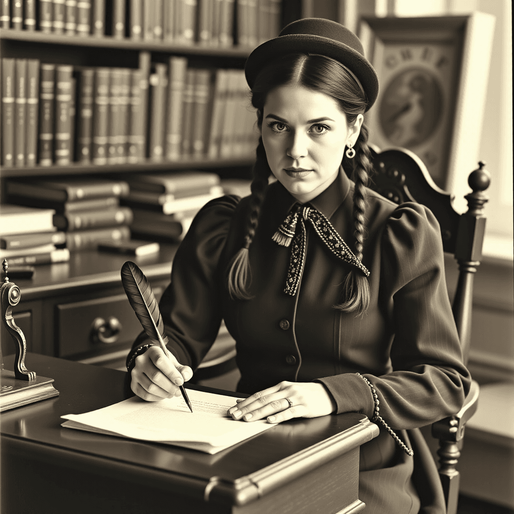 AI generated: Historical recreation, Wednesday Addams cosplay, seated at an antique desk, quill in hand, parchment...