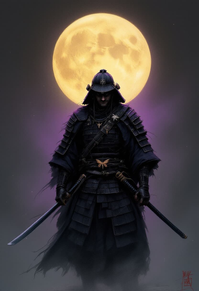 AI generated: A realistic, highly detailed ink wash (sumi-e inspired) painting of a lone samurai warrior standing ...