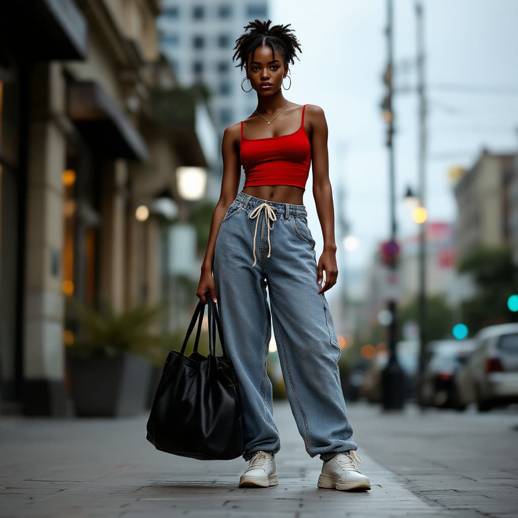 AI generated:  Y2K Street Fashion full body photo of a 24 year old  female enchanting storyteller with Resentful b...