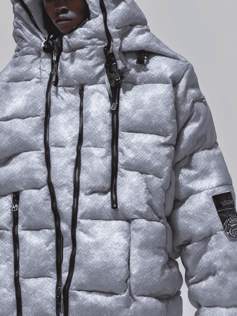 AI generated: milky Fubu winter puffer jacket, design trend, design by kanye west, on a white background, octane, ...