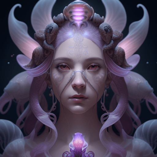 AI generated: Goddess close-up portrait ribcagel. jellyfish phoenix head, nautilus, orchid, skull, betta fish, bio...