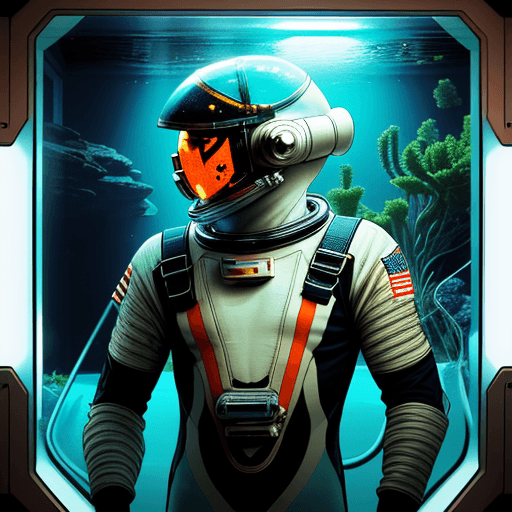 AI generated: astronaut suit body with fishtank for head, fish swimming around inside helment, comic graphic art, ...