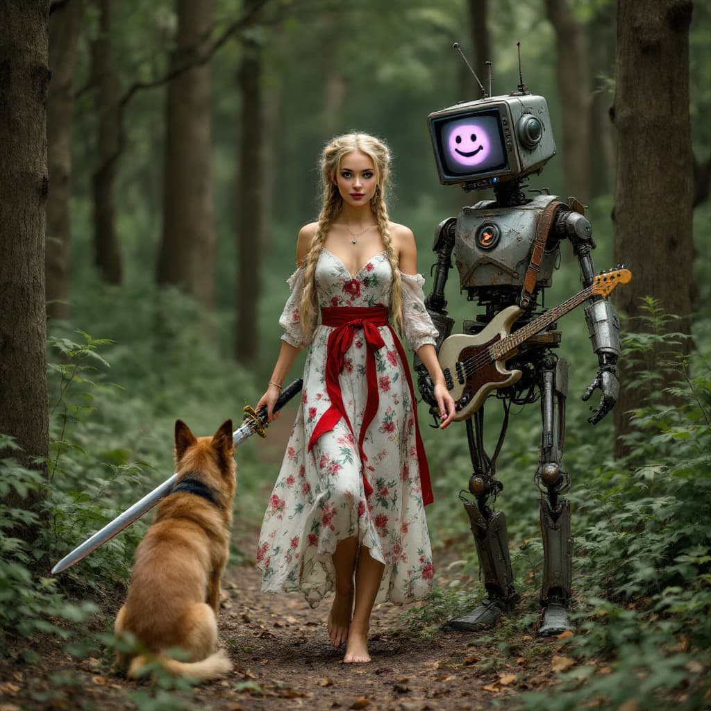 AI generated: full body view of A very beautiful minute blonde woman with braids, flowery dress that leaves the sh...