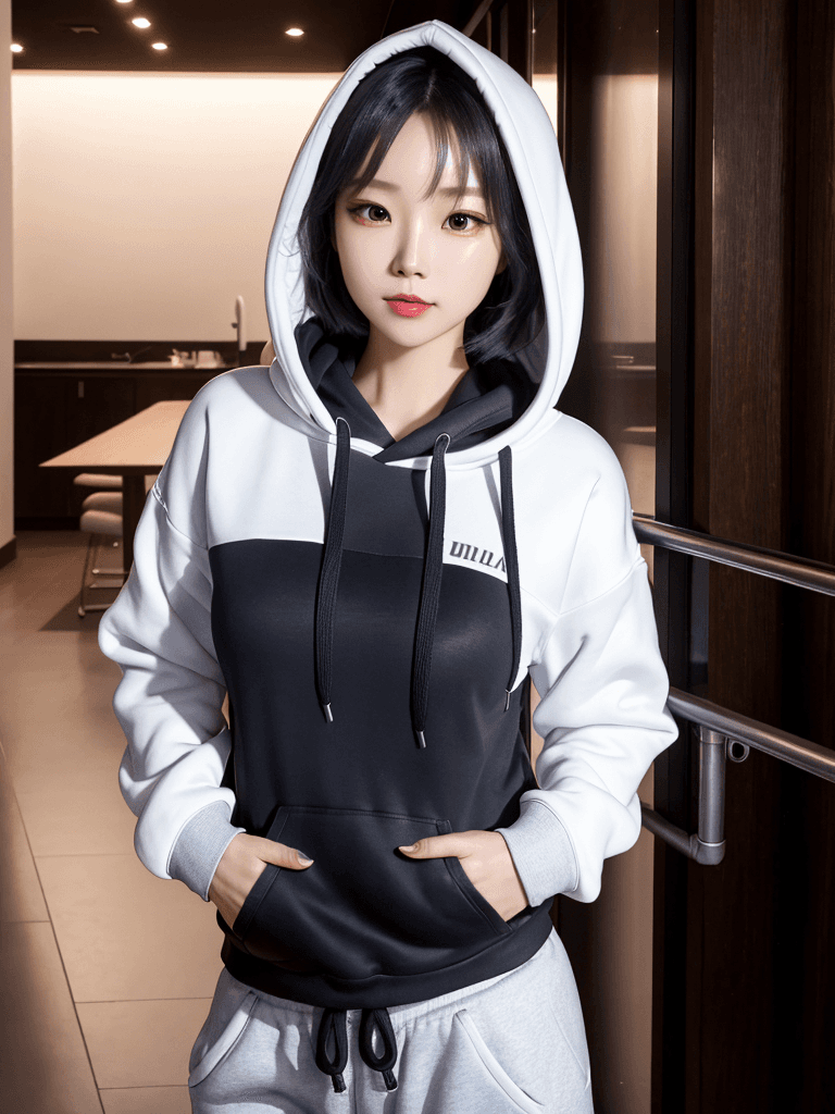 AI generated: 1 girl, a Beautiful Korean woman, kpop idol, (Cute Loose Bob hair), ((hoodie)), ((sweatpants)), (sma...