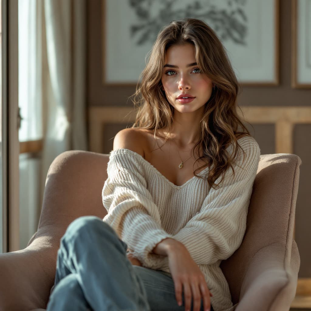 AI generated: High resolution photo of a beautiful young woman in her 20s, sitting on a chair, left leg crossed, c...