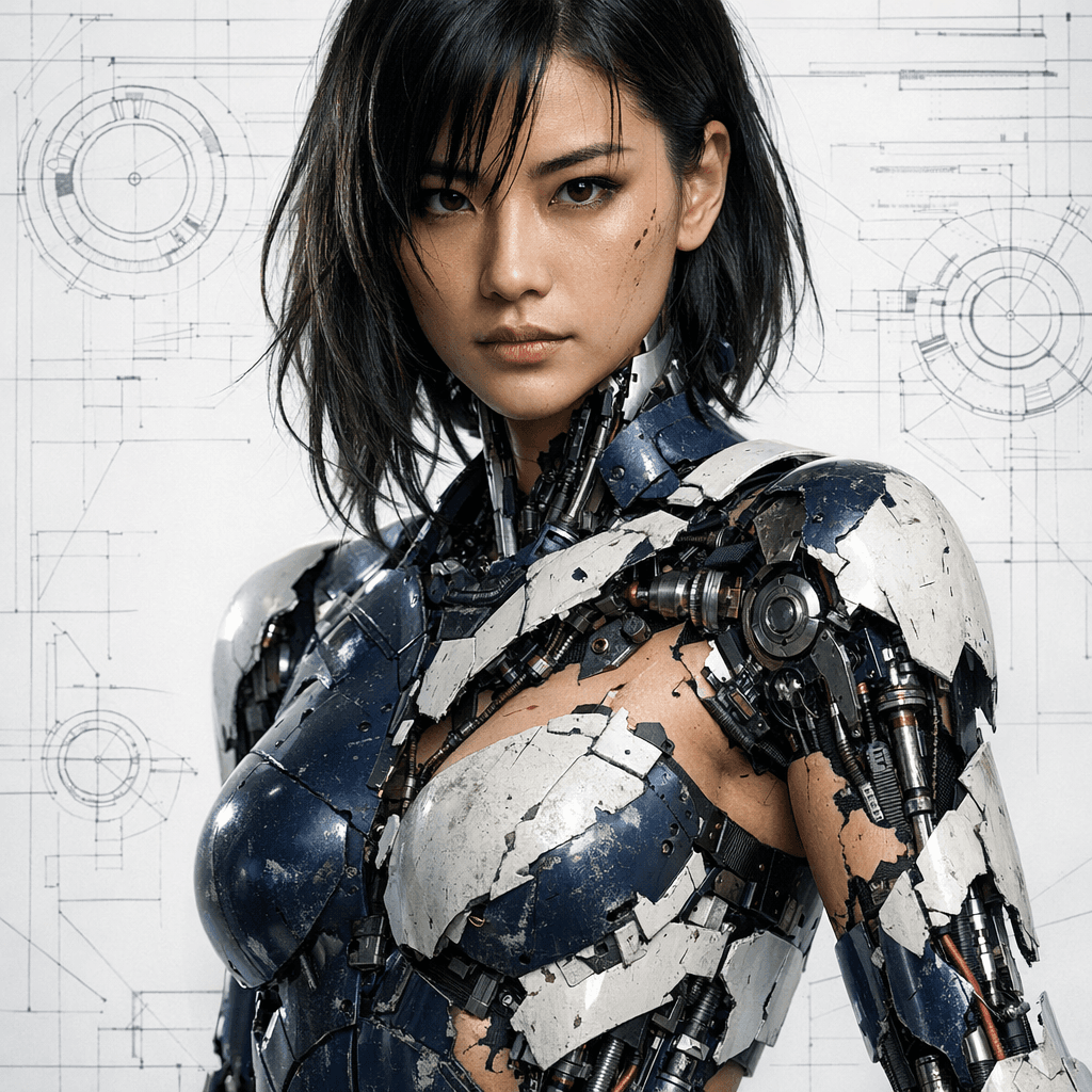 AI generated: Ultra-detailed cinematic portrait of a Hong Kong female cyborg , navy and white metallic limbs parti...