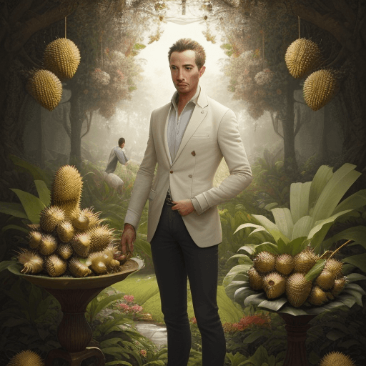 AI generated: handsome man standing in a garden bursting with durian, Paulina Góra, Rachel Ruysch