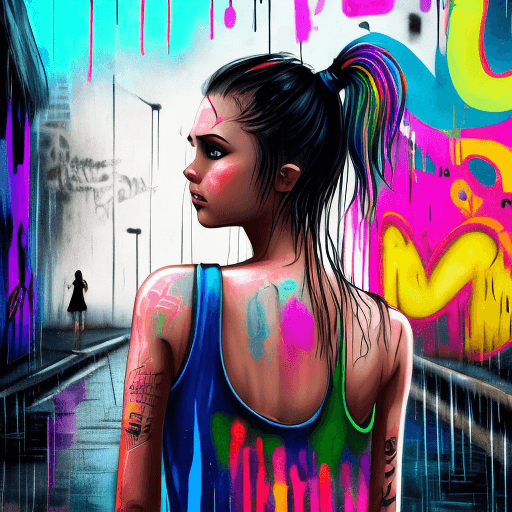 AI generated: masterpiece, concept art, centered, wide shot, front view, 1girl, wet, (rain, night), body tattoo, m...