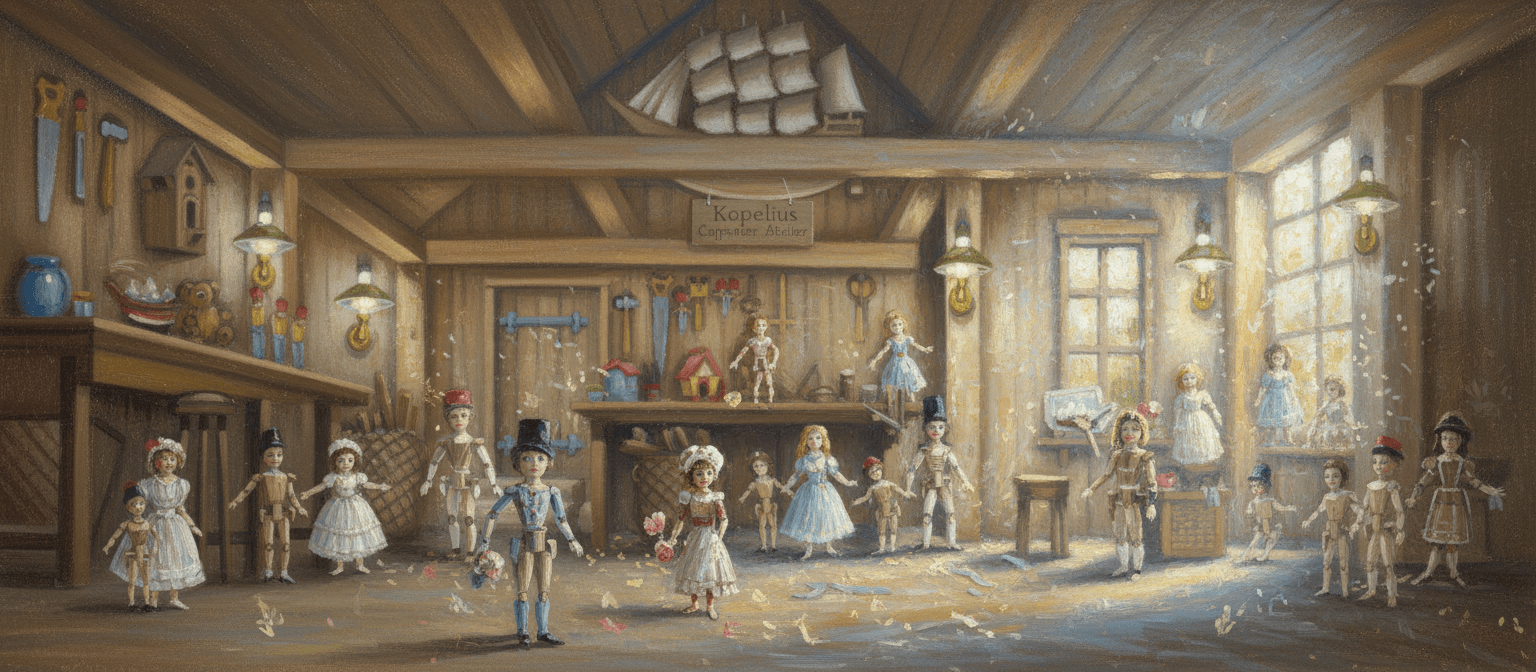 AI generated: make it in Clod Monet style, transform in some reality,
add some dolls, Kopelius carpenter atelier 