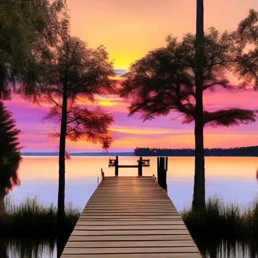 AI generated: Create a detailed image of a serene lakeside scene during sunset. The sky is a blend of warm oranges...