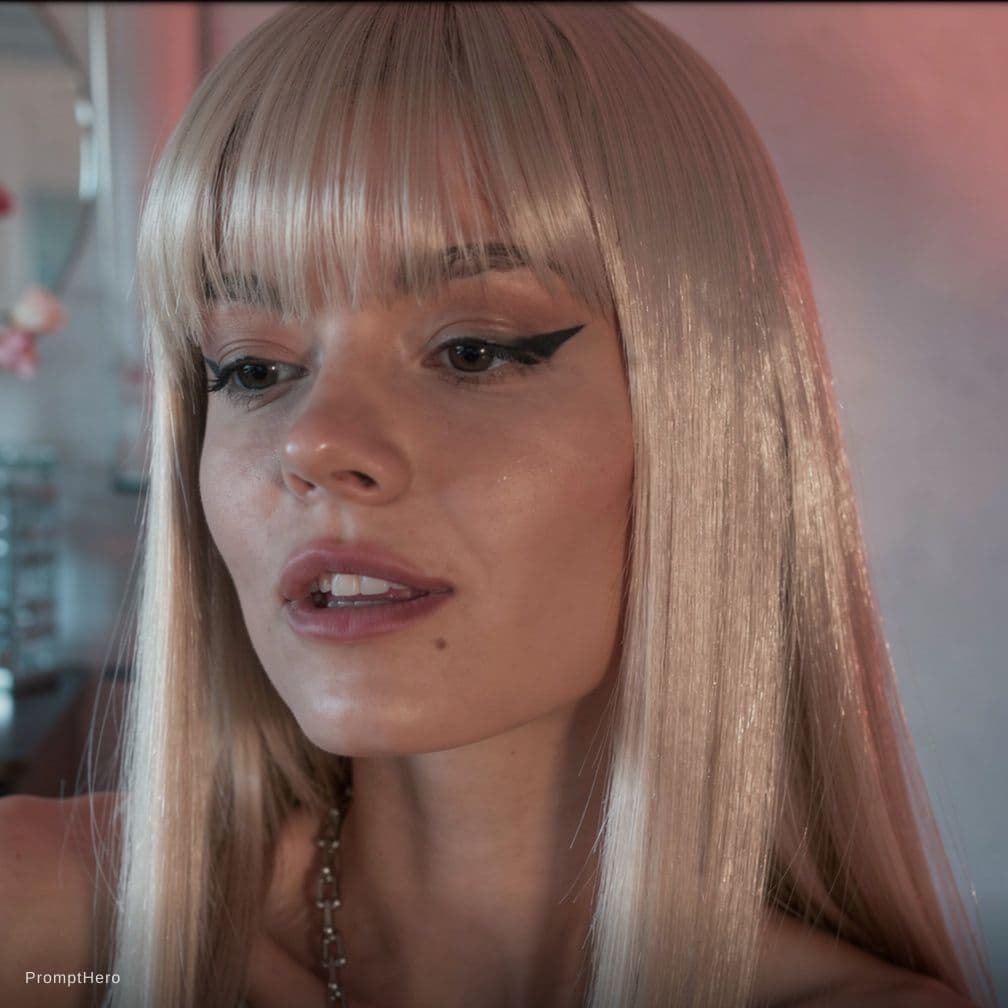 AI generated: Tight closeup of a bleach brunet haired woman.