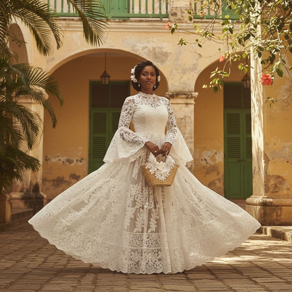 AI generated: A centered full-body Haitian lady in a needle lace dress.
