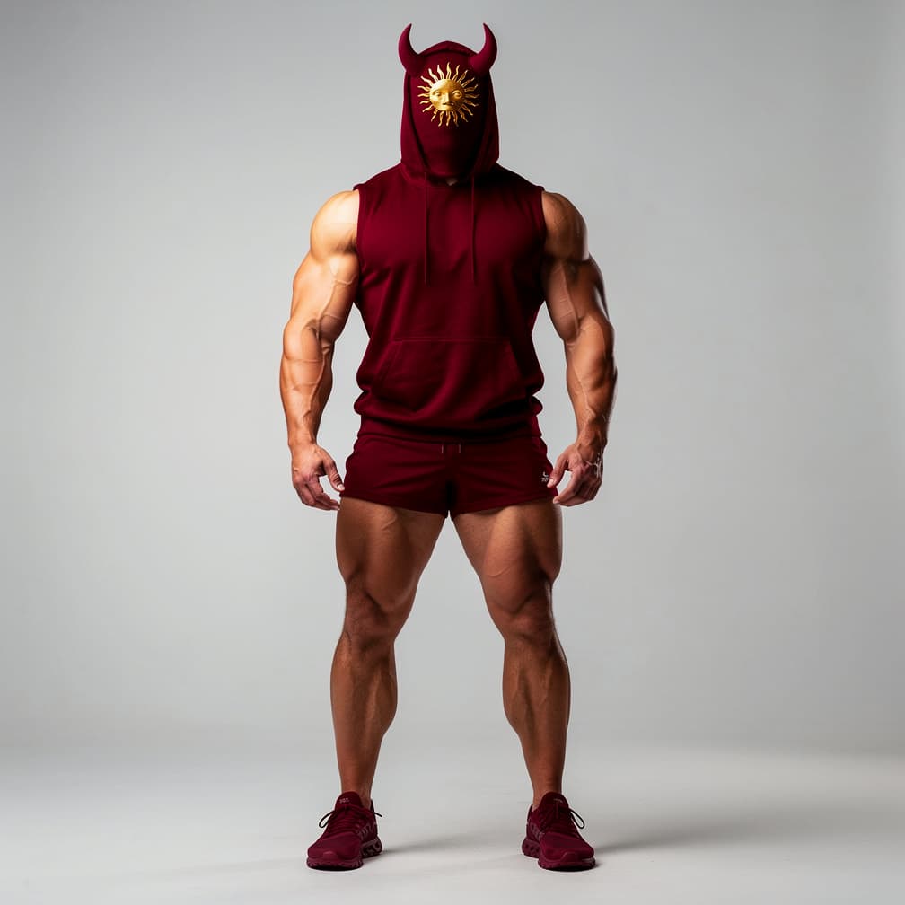 AI generated: A big muscular man wearing maroon short shorts and a maroon tank top and a hood plus a maroon mask w...