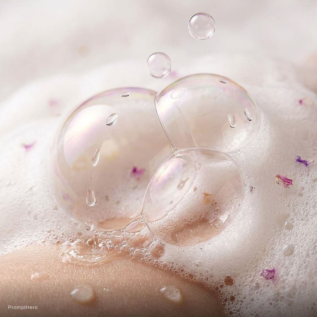 AI generated: Close-up shot of rich soap foam and bubbles. The bubbles slowly expand, merge, and drift naturally. ...