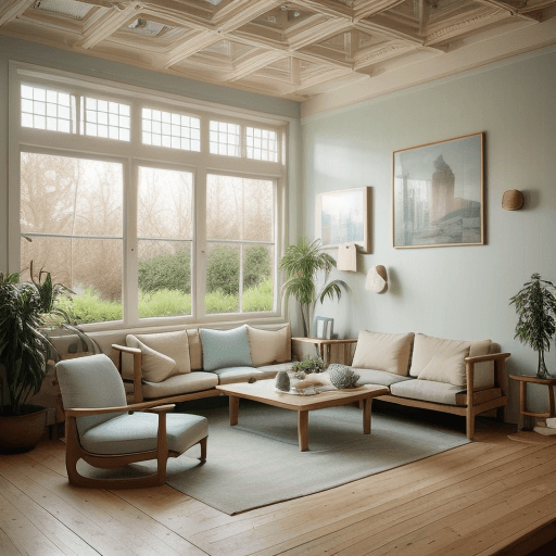 AI generated: High resolution photography interior design, dreamy sunken living room conversation pit, wooden floo...