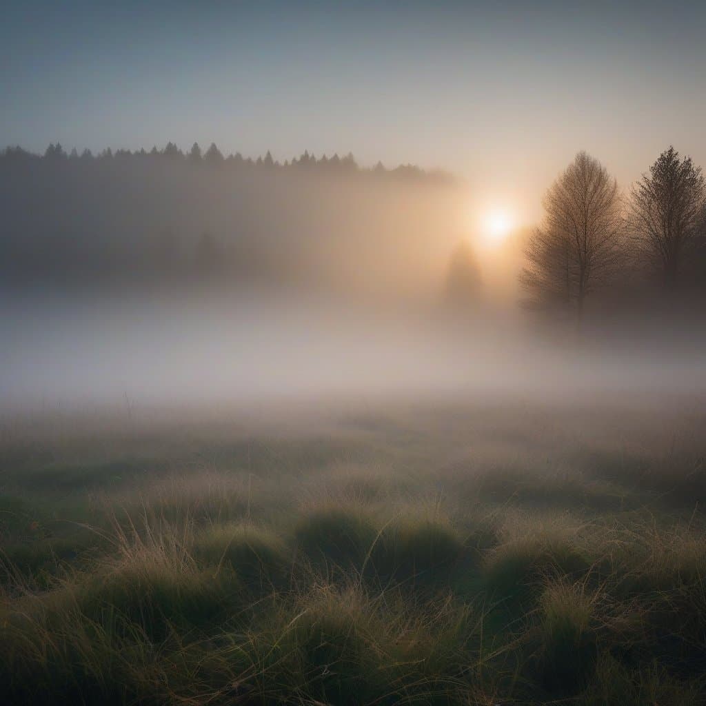 AI generated: landscape: “Fog” Early morning, fog over the grass. Cold."