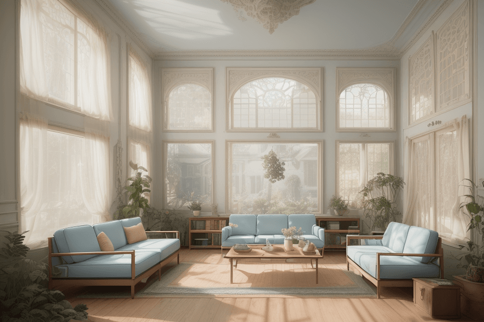 AI generated: High resolution photography interior design, dreamy sunken living room conversation pit, wooden floo...