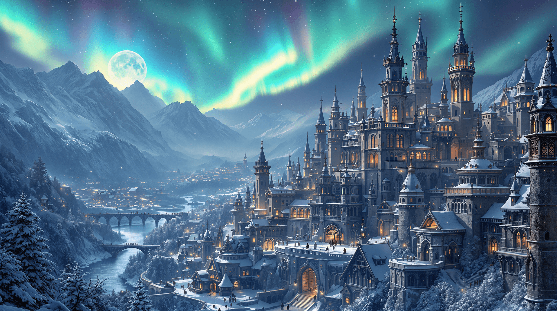 AI generated: A vast and majestic **medieval winter kingdom**, sprawling within a **colossal, snow-covered mountai...