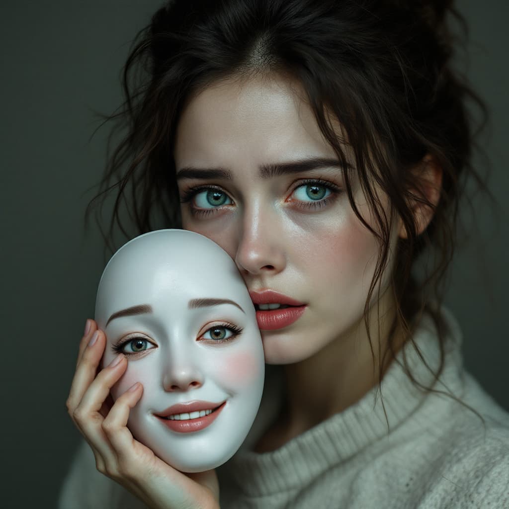AI generated: A woman with crying and fearfull eyes , and this women hold a ball gove mask in her right hand far r...