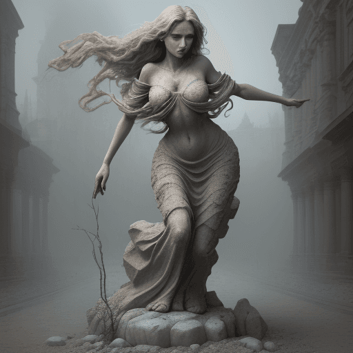 AI generated: she is a gorgeous woman-like being created out stone ((she is coming out from the ground), dust danc...